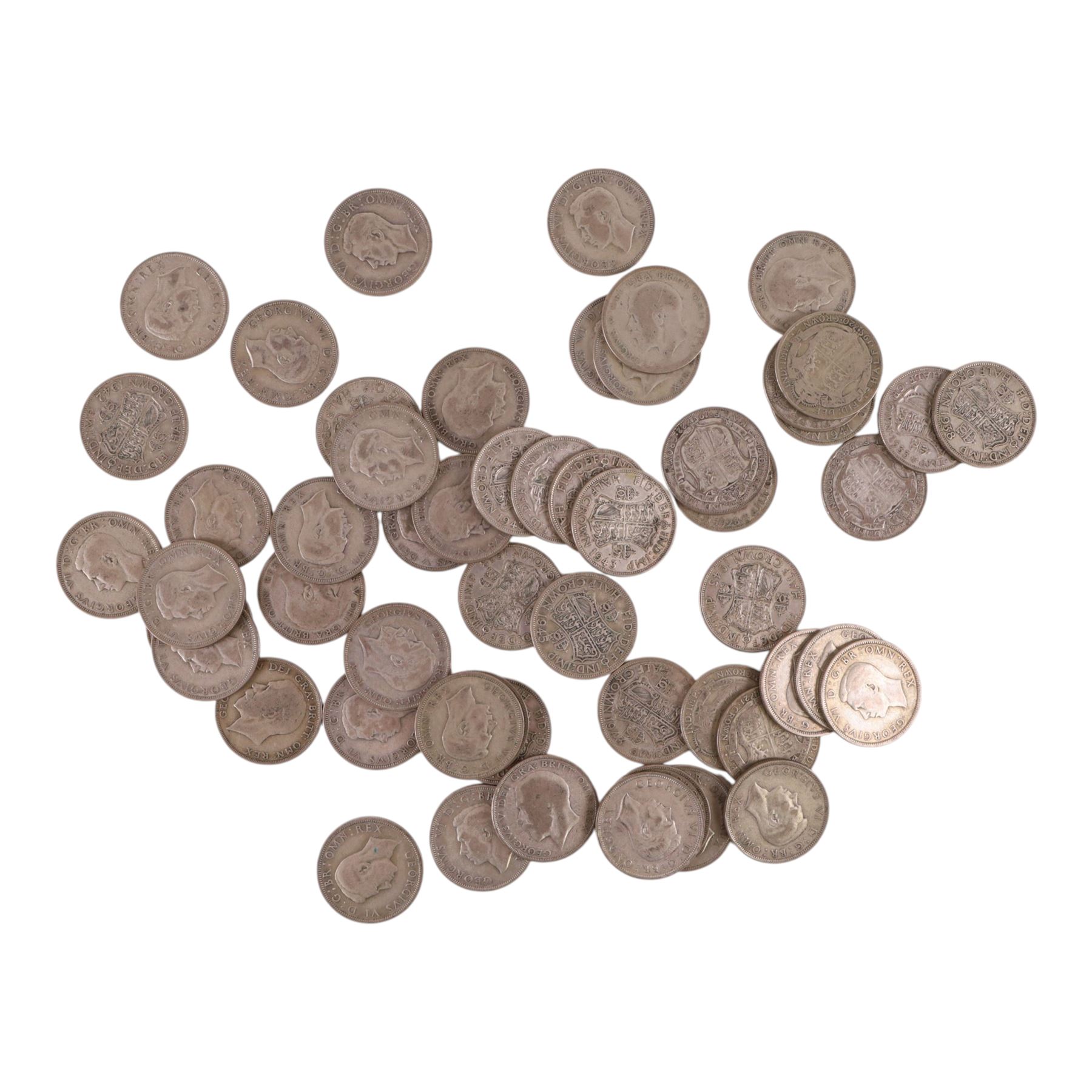 Approximately fifty-six Great British pre-1947 silver half crown coins