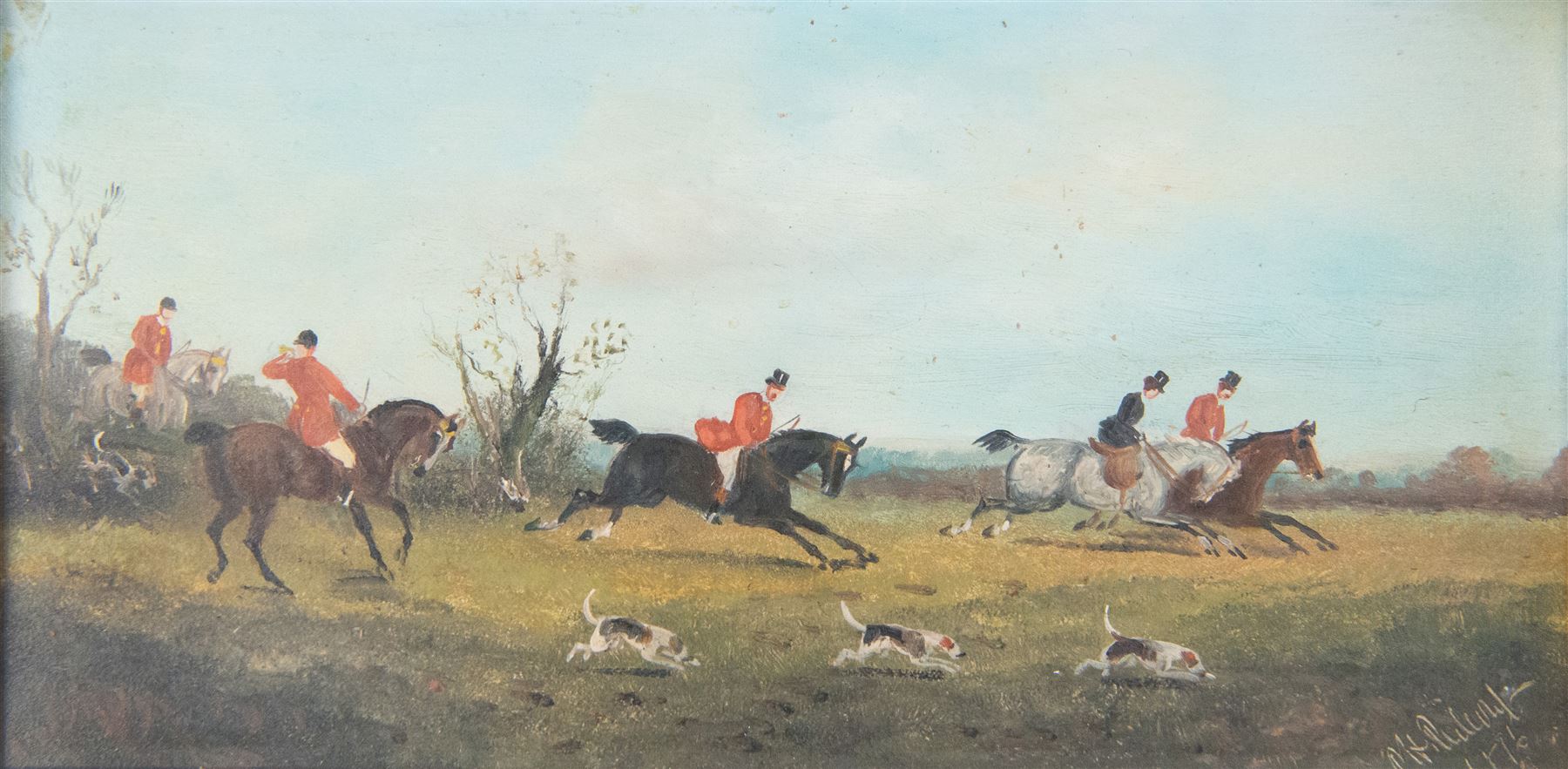 Philip Henry Rideout (British 1860-1920): The Hunt, pair oils on board signed and dated 1896, 15cm x 30cm 