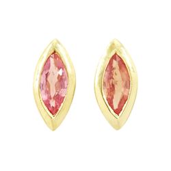 Pair of 18ct gold padparadscha sapphire earrings, each stud bezel set with a single marqui...