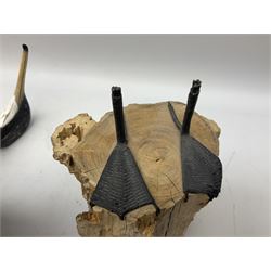 Wooden sculpture of Cormorant aquatic bird on a naturalistic wooden plinth, H46cm