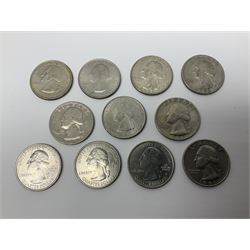 United States of America coinage, including 1876S half dollar (holed), various quarter dollars, 1986 one ounce fine silver dollar, 1988 uncirculated coin set etc
