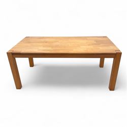 Contemporary solid oak rectangular dining table, with two additional extension leaves, together with eight matching high back dining chairs upholstered in cream suede-effect fabric (9) (Chair H 95cm, W 41cm, D 53cm) (Extends to 270cm)