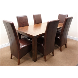  Hardwood rectangular dining table with square supports (W180cm, H78cm, D91cm) and set six high back brown leather chairs (W50cm) (7)  