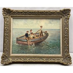 Laszlo Ritter (Hungarian 1937-2003): 'Five in a Boat', oil on canvas board signed, titled verso 29cm x 39cm
