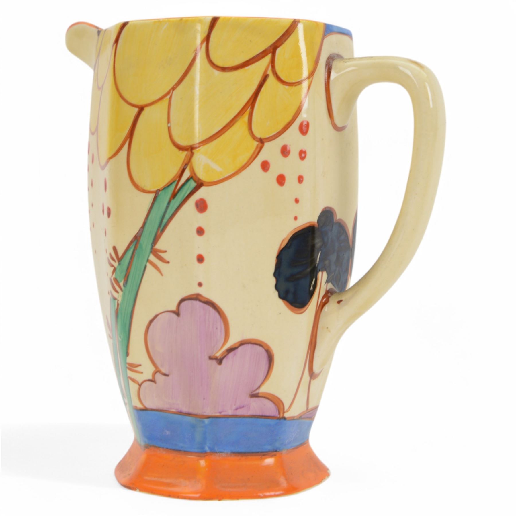 Clarice Cliff Summerhouse pattern, Athens shape jug, circa 1930, with printed Fantasque mark beneath, H16cm