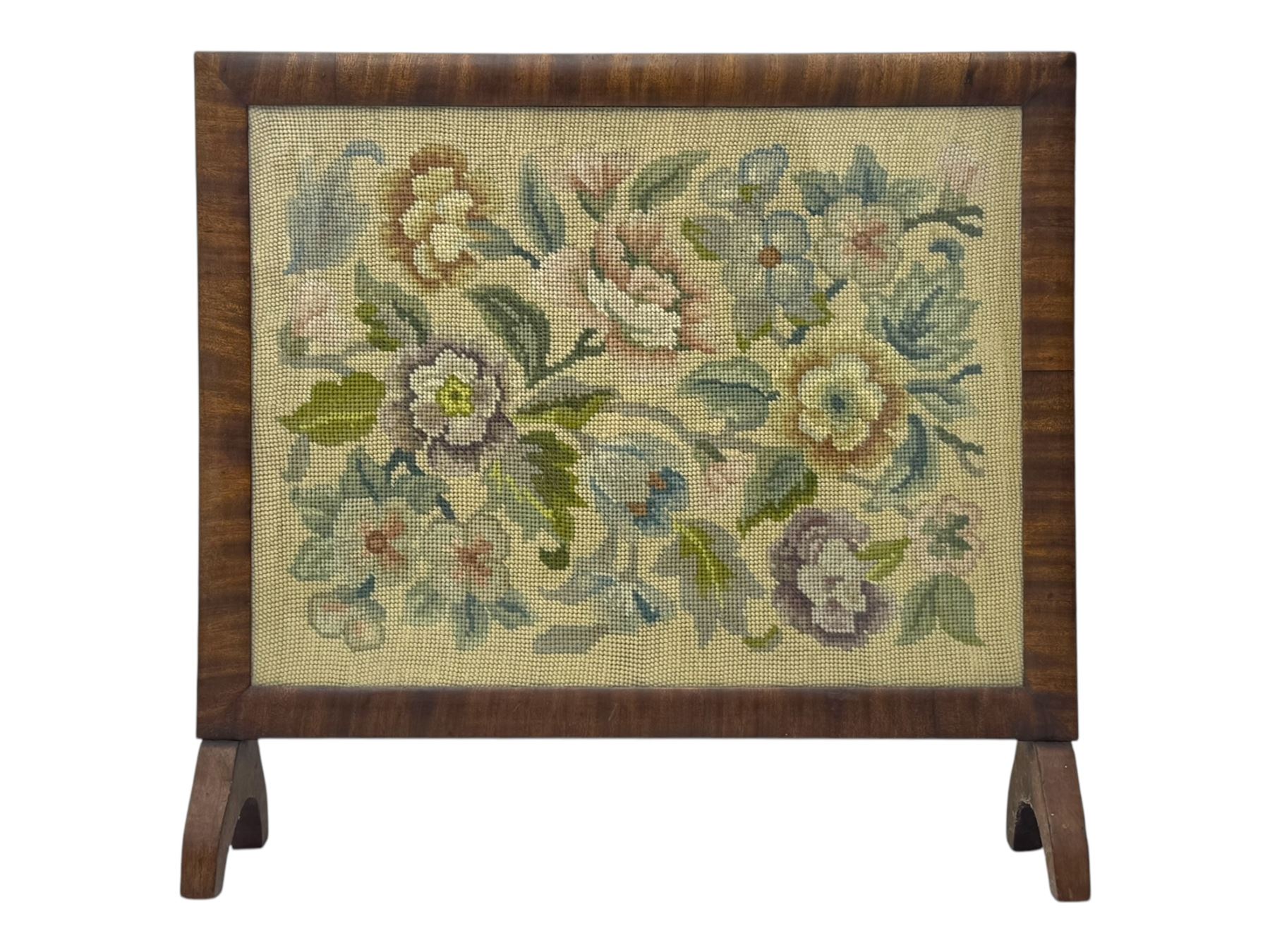 Pair of early 20th century mahogany side tables, each with rectangular tops, raised on turned supports joined by curved stretchers, terminating in splayed feet; mahogany fire screen, rectangular frame housing needlepoint floral panel, on shaped supports (3)