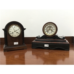  Victorian black slate and red marble mantel clock, Hry. Marc signed drumhead movement with visible escapement striking the half hours on a bell, H26cm, an Edwardian mahogany mantel clock with twin train striking movement, H27cm (2)    