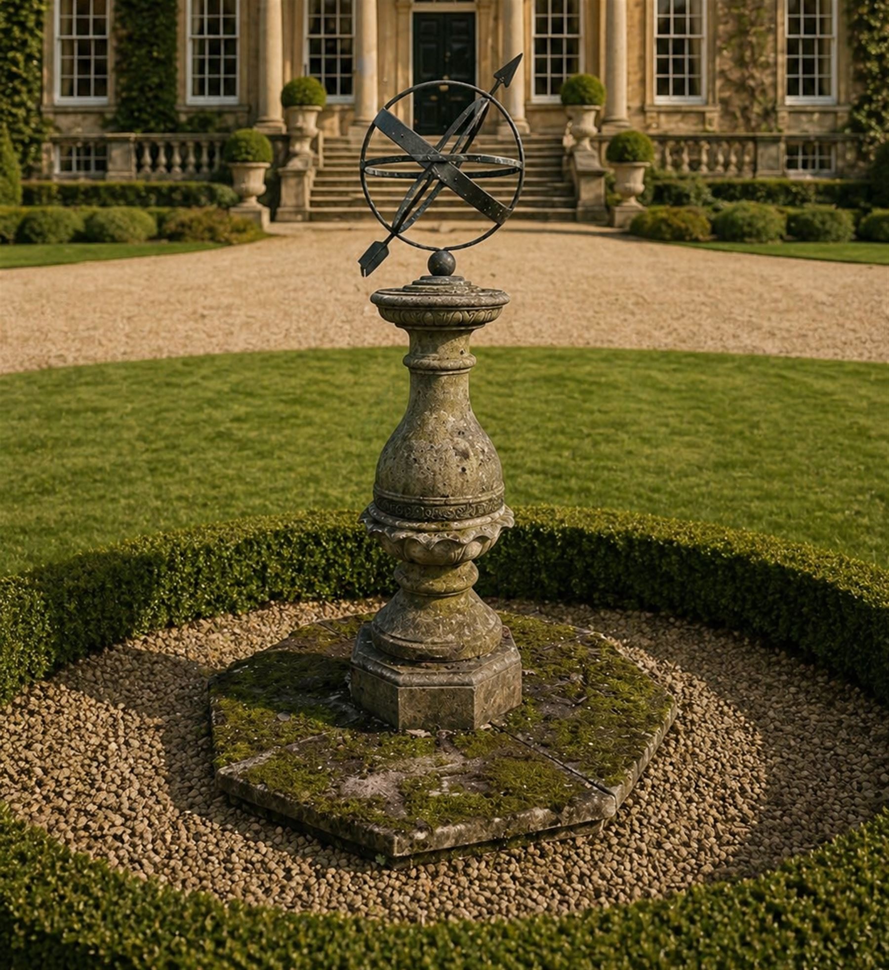 Impressive Haddon stone armillary sundial, raised on column pedestal with octagonal base, seated on weathered sectional plinth, measurements without plinth.
Plinth: 140cm x 140cm