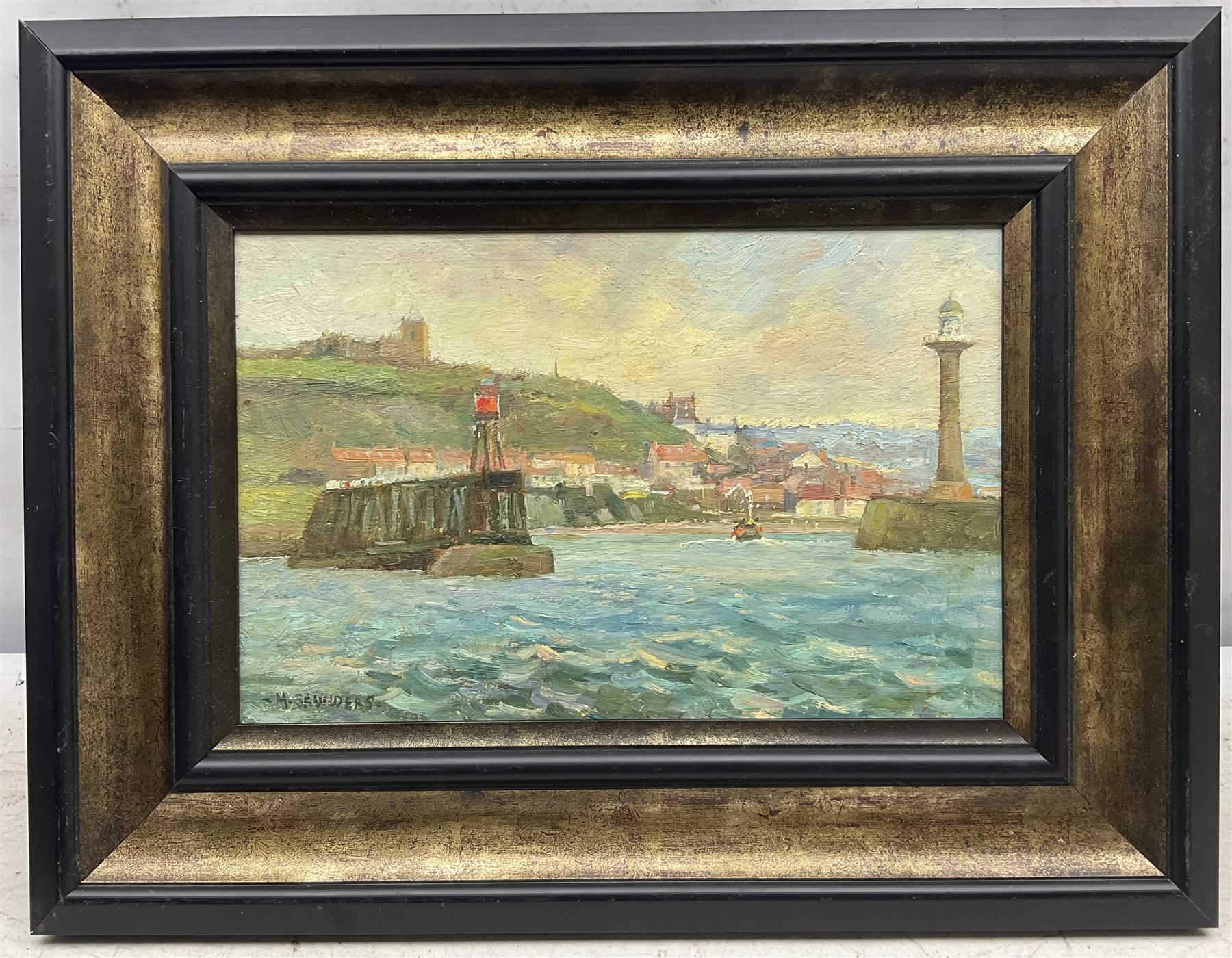 Michelle Saunders (British 1963-): 'Entering Whitby', oil on board signed, titled verso 19cm x 29cm