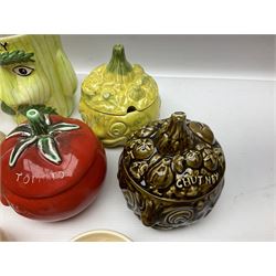 Collection of mostly Sylvac kitchen storage jar face pots, including piccalilli, chutney, tomato and bread sauce, tallest H15.5cm