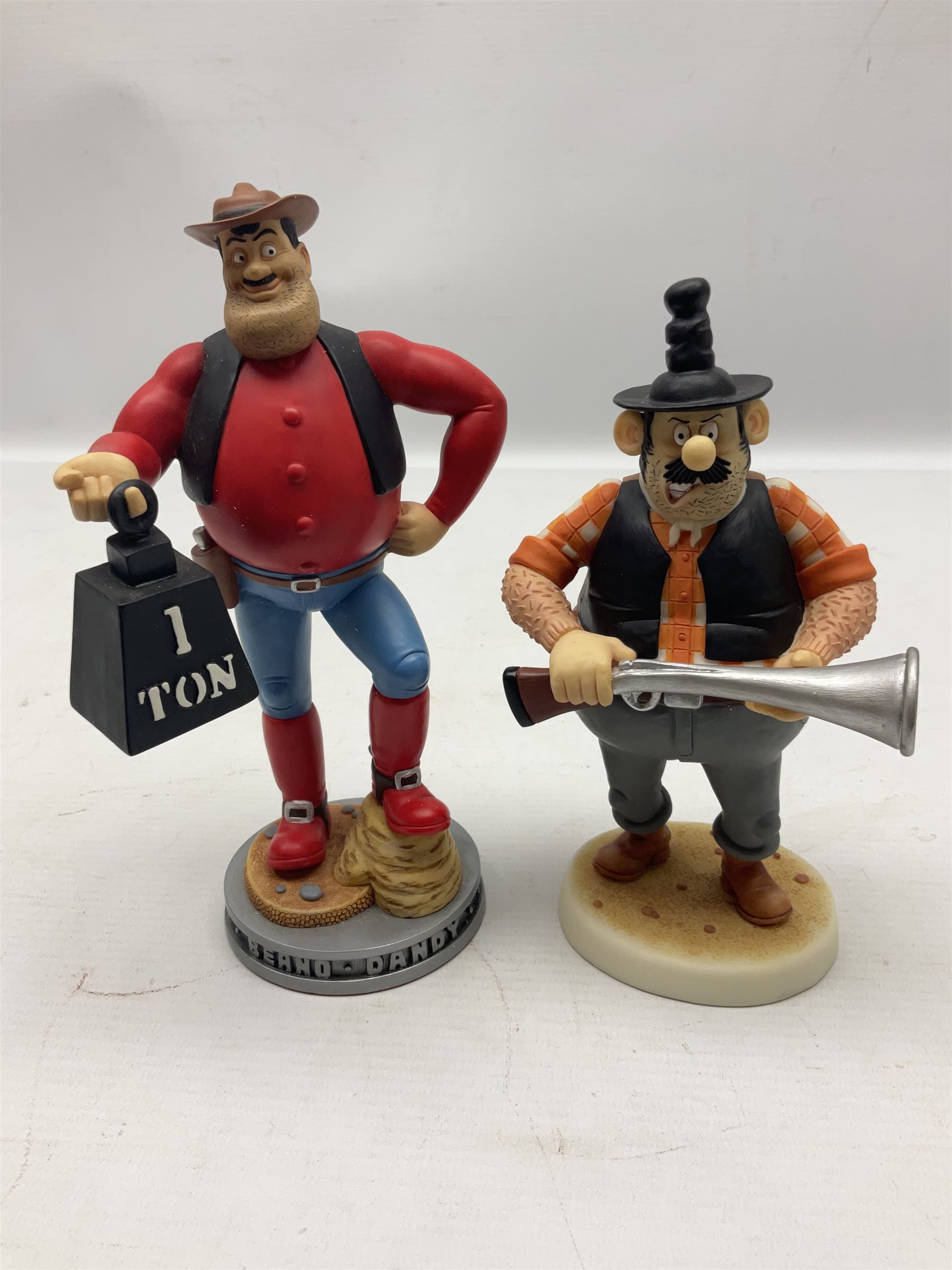 Ten Robert Harrop figures from the Beano Dandy collection, comprising Desperate Dan Keep on Rolling BDS10, Hank From The Three Bears BD37, Desperate Dan CBD15, Little Plum CBD23, 'Erbert CBD16, Fatty CBD08, Babyface Finlayson CBD06, Roger the Dodger CBD04, Beryl the Peril CBD17 and Collectors Plaque BDCP, all with boxes