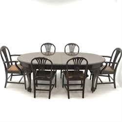 Early 20th century Georgian style mahogany extending dining table, moulded top, acanthus carved cabriole legs, ball and claw feet on castors, two leaves (W213cm, H75cm, D106cm) and set six (4+2) Hepplewhite style dining chairs (W59cm) (9) 

