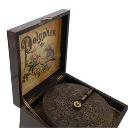 German late 19th century Polyphon, in a mahogany finished case with floral decoration to cover, serial no. 17707, with thirteen discs, H12.5cm, W20cm