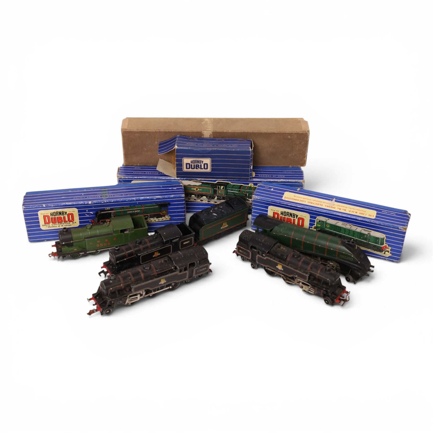 Ten Hornby Dublo three-rail locomotives, including EDLT20 locomotive and tender 'Bristol Castle', EDL12 locomotive 'Duchess of Montrose' and a Bo-Bo Diesel Electric locomotive, three in original striped boxes