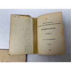 Modern album containing over sixty postcards and photographs including memorial portraits of KIA soldiers, regimental crests, comic, WW1 embroidered silk, uniforms, cap badges, camp and manoeuvre images etc; another personal photograph album of WW2 soldiers relaxing; Royal Armoured Corps booklet 'The Italian Campaign 3rd Sep. 1943 - 2nd May 1945; and other paper ephemera of military interest