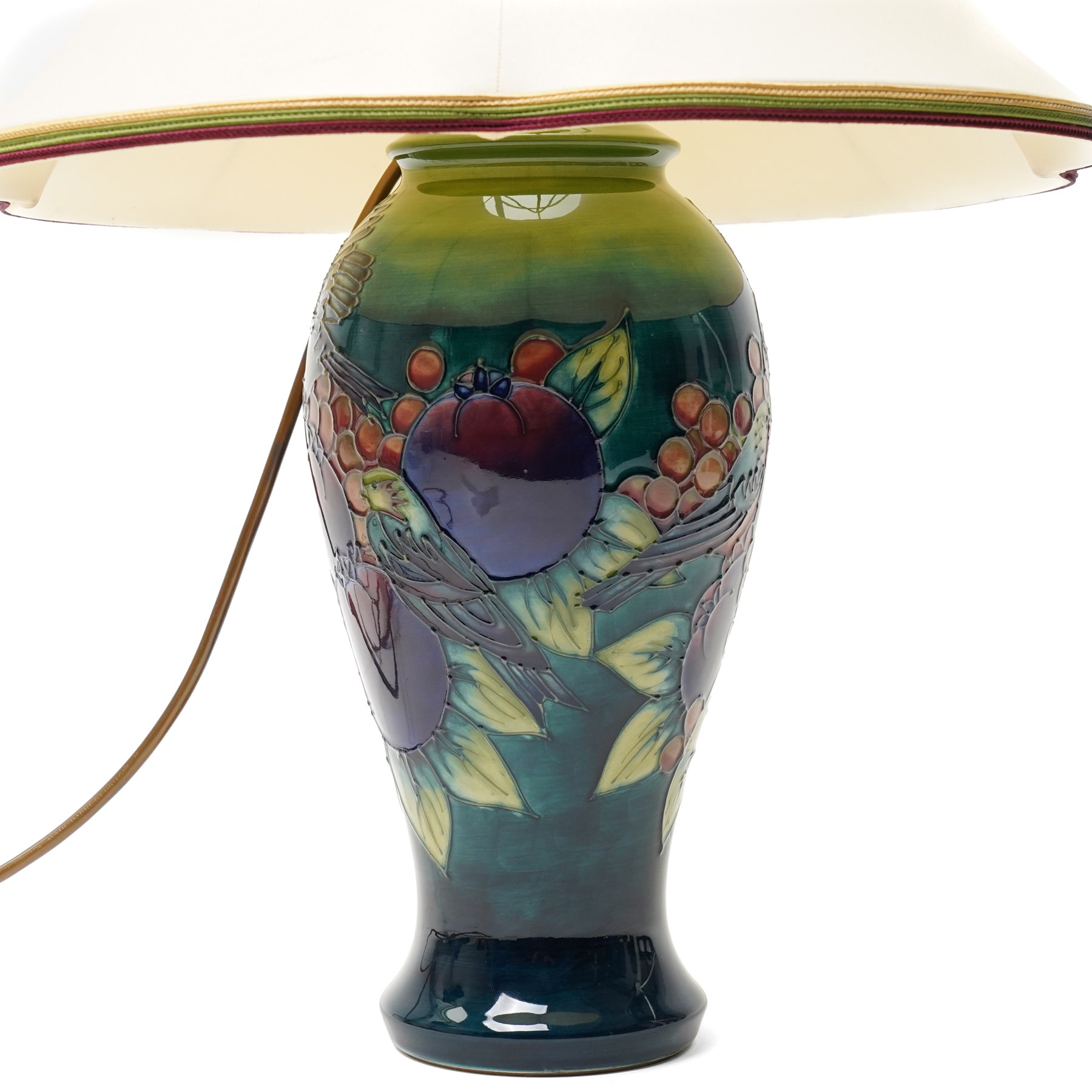 Moorcroft Finches and Berries pattern table lamp and shade, including shade H59cm  