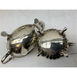 Early 20th century hallmarked silver trumpet vase stamped J & R Griffin (Joseph & Richard Griffin), Chester 1917, with weighted base, together with a 19th century silver-plate biscuit barrel by JK&Co, ornately engraved throughout, John Round & Son silver plated twin handled cup, and other silver plated and other metal ware to include ornate teapots, tray etc