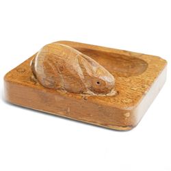 Rabbitman - tooled oak ashtray, rectangular form with rounded corners, carved with rabbit ...
