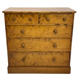 Victorian pitch pine chest, rectangular top over two short and three long drawers, on skirted base