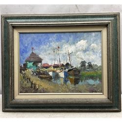 John Ambrose (British 1931-2010): Boats Resting in the Harbour, oil on board signed 29cm x 39cm 