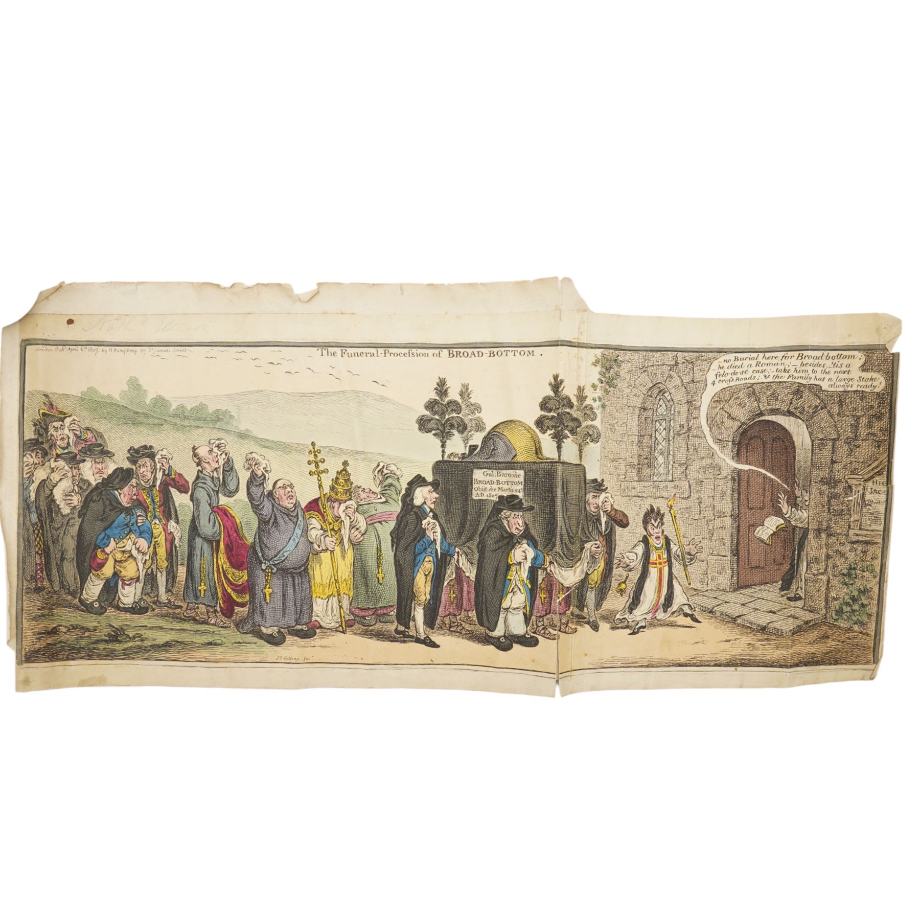 James Gillray (British 1756-1815): 'The funeral procession of Broad-Bottom', early 19th century satirical etching with-hand colouring pub. Hannah Humphrey, London, 1807, 26cm x 63cm (unframed)
Notes: William Wyndham Grenville, 1st Baron Grenville, who served as British Prime Minister from 1806 to 1807. 'Broad-bottom' being a satirical reference to his political affiliation with the Broad Bottom ministry.
