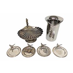 George Jensen stainless steel wine cooler, together with a silver plated pedestal dish, in the form of a clam shell and with squirrel decoration and four silver plated trinket dishes with applied pheasant decoration