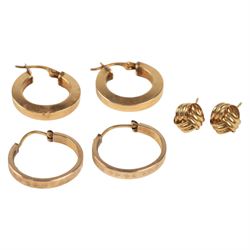 Two pairs of 9ct gold hoop earrings and a pair of 9ct gold knot earrings