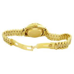 Rolex Oyster Perpetual Datejust ladies 18ct gold automatic wristwatch, circa 1983, Ref. 69178, serial No. 8058240, champagne dial diamond dot hour markers and outer diamond ring, after market diamond set bezel and lugs, on 18ct gold President bracelet, set with after market diamonds, with AIGL report and additional links