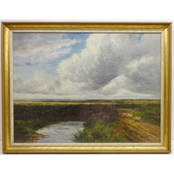 Sheep on a Heathland Track, oil on canvas laid on board signed by A Watts (19th/20th century) 59cm x 80cm  