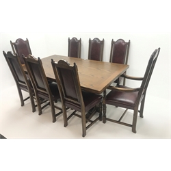  Old Charm oak drawer leaf dining table, carved cup and cover supports on shaped sledge feet joined by single stretcher (W275cm extended, 183cm closed, H76cm, D108cm) and set eight (6+2)  chairs, arched cresting rail with finials, studded leather back and seat, cup and cover supports joined by stretchers (W  