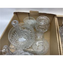 Four boxes of glassware to include painted vases, jugs, drinking glasses, art glass vase etc