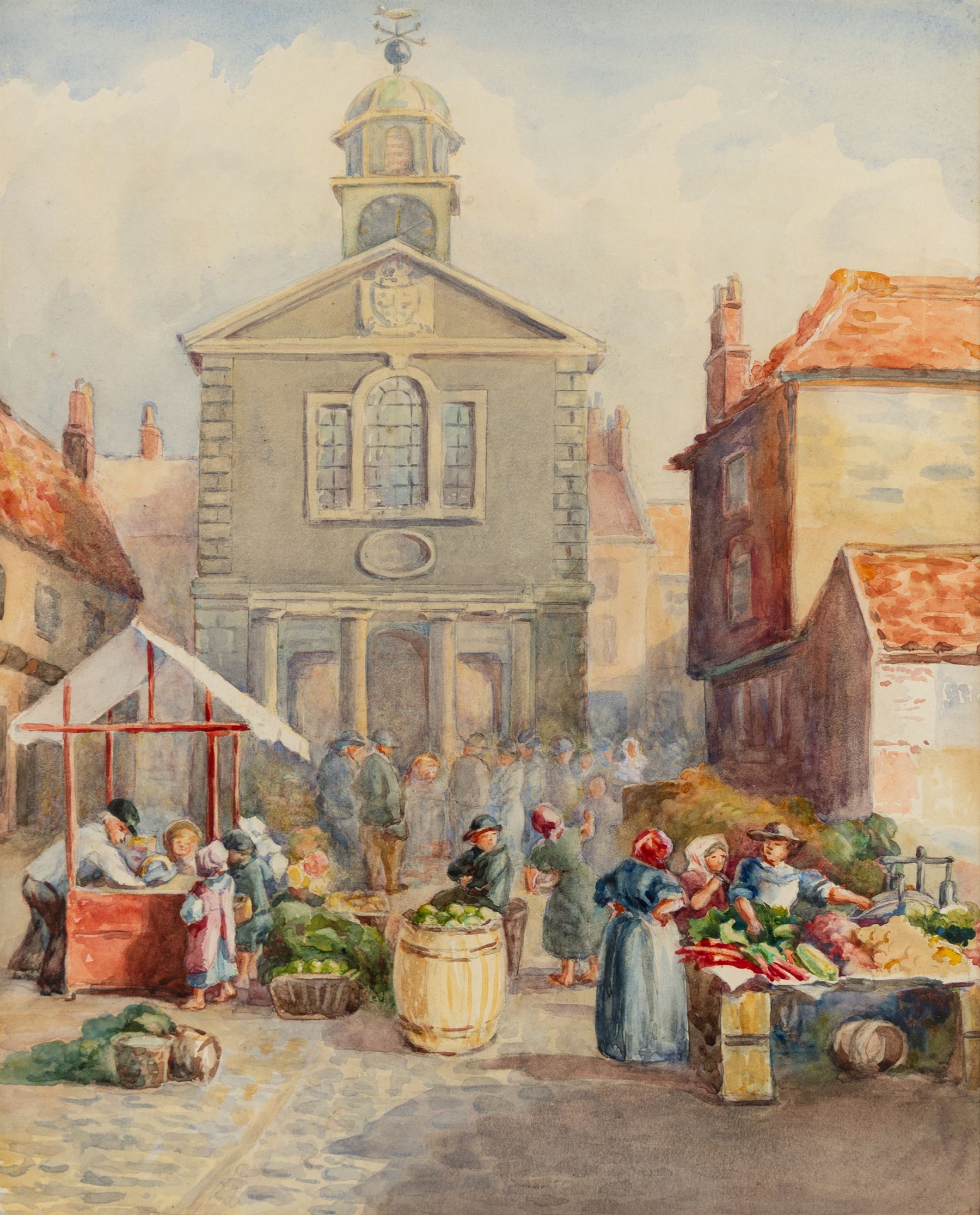 Thomas Swift Hutton (British 1860-1935): 'Tin Ghaut - Whitby', George Percy Bankart (British 1866-1929): ‘River Esk at Whitby’, Edith F Hillier (British 19th/20th Century): ‘The Market Place – Whitby'; together with other Whitby related watercolours variously signed and titled max 36.5cm x 26.5cm (6)
