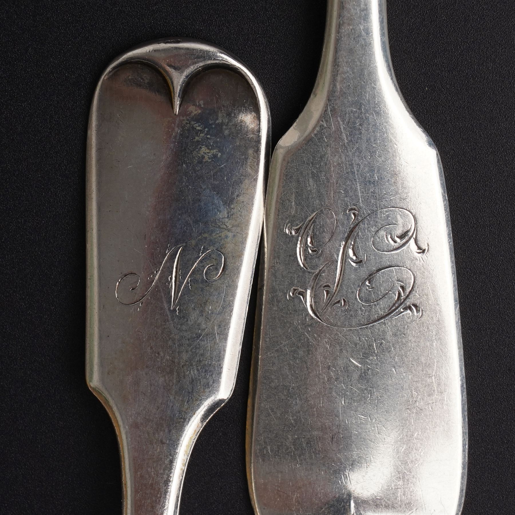 Five Victorian silver fiddle pattern dessert forks London 1859 Maker The Portland Co. three Victorian table forks, various dates and two other table forks