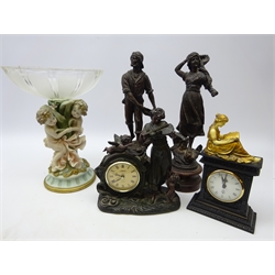  Cherub moulded centrepiece with glass bowl, pair French spelter figures, Juliana bronzed mantle clock and another mantle clock with a figure of a woman reading by Taranis (5)  