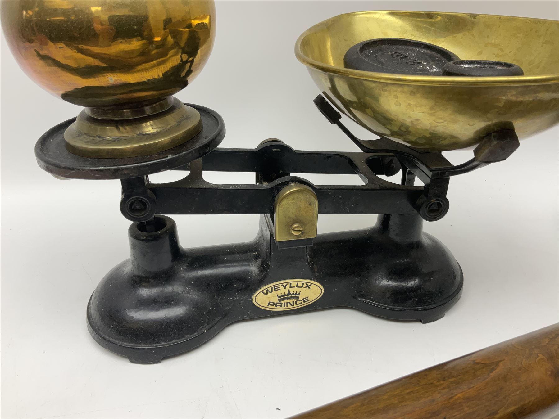 Set of Weylux Prince cast iron and brass weighing scales with weights, together with three copper and brass warming pans and other metal ware
