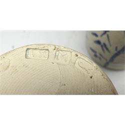 Jeremy Leach (British 1941-): Two Lowerdown Pottery Stoneware vases, one with flared trumpet neck, shouldered baluster body painted in blue with Bamboo and the other having similar decoration, impressed marks to both H32.5cm max (2)