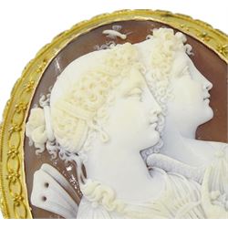Victorian fine cameo brooch depicting Cupid and Psyche, in 18ct gold Etruscan Revival gold wirework mount, the reverse indistinctly signed Lamary, in original fitted silk and velvet lined case