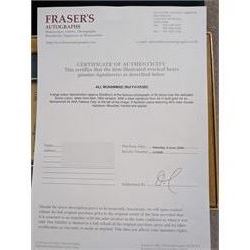 Large colour print depicting the famous scene of boxer Muhammad Ali standing over the defeated Sonny Liston, taken from their 1964 rematch, signed by Ali to the left middle in gold marker, with his double signature 'Muhammad Ali AKA Cassius Clay', with certificate of authenticity from Fraser's Autographs, framed, picture H49cm