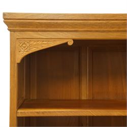 Beaverman - Yorkshire oak open bookcase, with adjustable shelves, panelled sides and lower cupboard doors, with carved beaver signature, by Colin Almack of Sutton near Thirsk