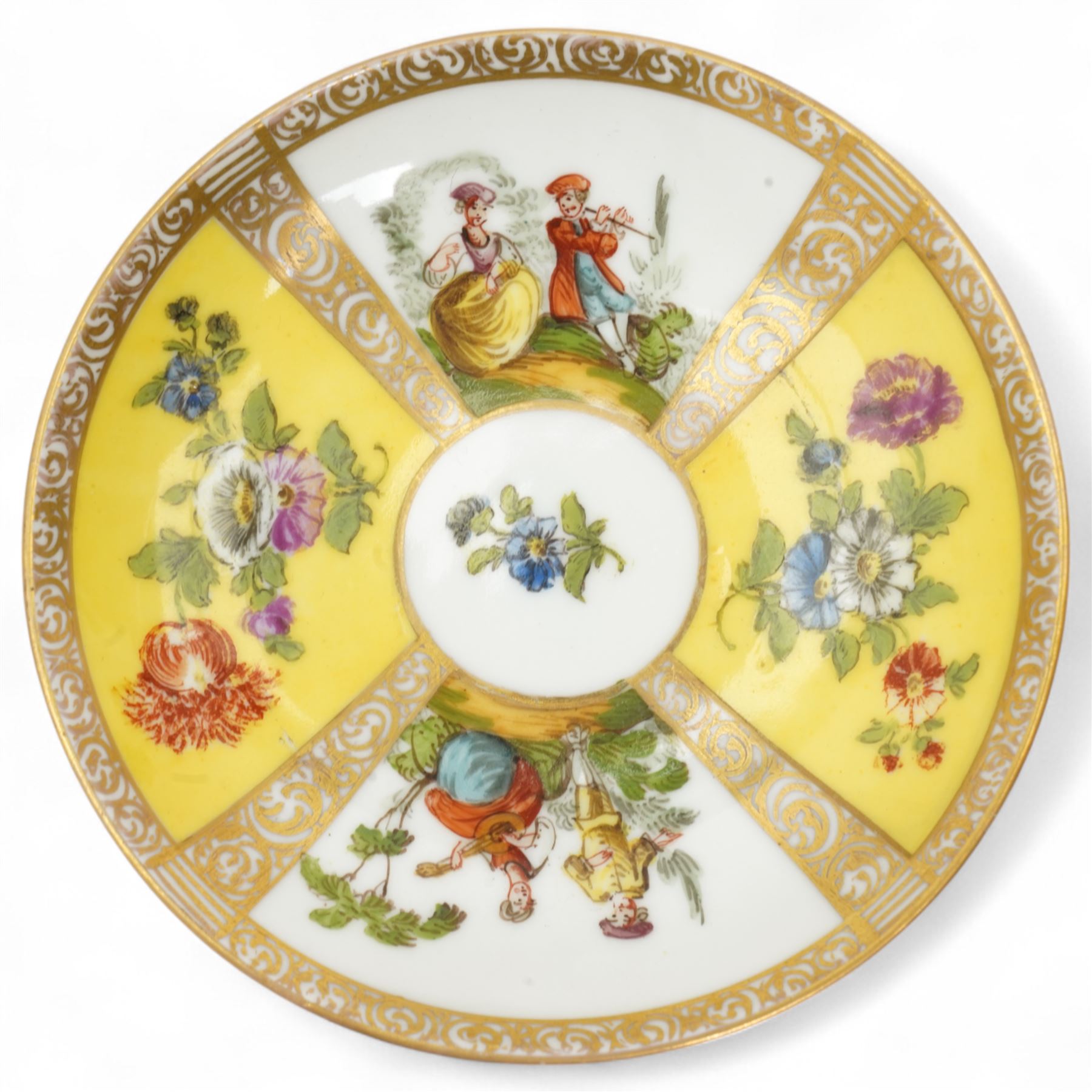 Helena Wolfsohn Dresden porcelain quatrefoil twin handled chocolate cup and stand, painted with panels of courting couples and floral sprays on a yellow ground, together with another Wolfsohn cup and saucer of the same design, and a similar continental vase decorated with shipping and town scenes, all marked to base, chocolate cup H8cm 