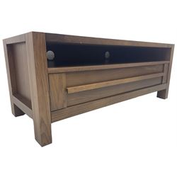 Contemporary dark oak television stand, fitted with single shelf over single drawer, on square feet