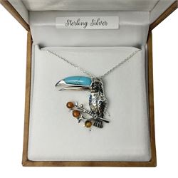 Silver Baltic amber and turquoise toucan pendant necklace, stamped 925 and boxed