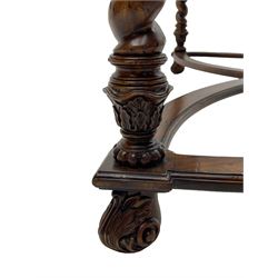 Jonathan Charles - large mahogany coffee table, the square oyster veneered top with verre églomisé inset, the glass hand-painted with gilt scrolling foliate patterns, raised on spiral turned supports with acanthus and gadroon carvings, united by interlocking demi-lune stretchers, on scrolled acanthus feet