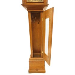 Mouseman - mid-20th century oak longcase clock, with a high quality weight driven movement and dial by Sinclair and Harding & Co of Cheltenham, the rectangular hood carved with foliate ornament, over a glazed and oak trunk on stepped base, with carved mouse signature, by the workshop of Robert Thompson of Kilburn Provenance: purchased directly from the Kilburn workshop in the 1940s/1950s