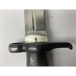 German-made 1908 pattern bayonet by Weyersberg, Kirschbaum & Co, Solingen as used by the Brazilian Army, with 30cm fullered steel blade and hooked quillon numbered 107011 L43cm overall; and Swedish Carl Gustav M1896 Mauser knife bayonet with 21cm steel blade and machined steel grip; in metal scabbard, both numbered 299 L35cm overall (2)