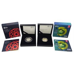 The Royal Mint United Kingdom 2019 '50 Years of the 50p' silver proof fifty pence coin and The Royal Mint United Kingdom 2018 'RAF Centenary Spitfire' silver proof two pound coin, both cased with certificates 