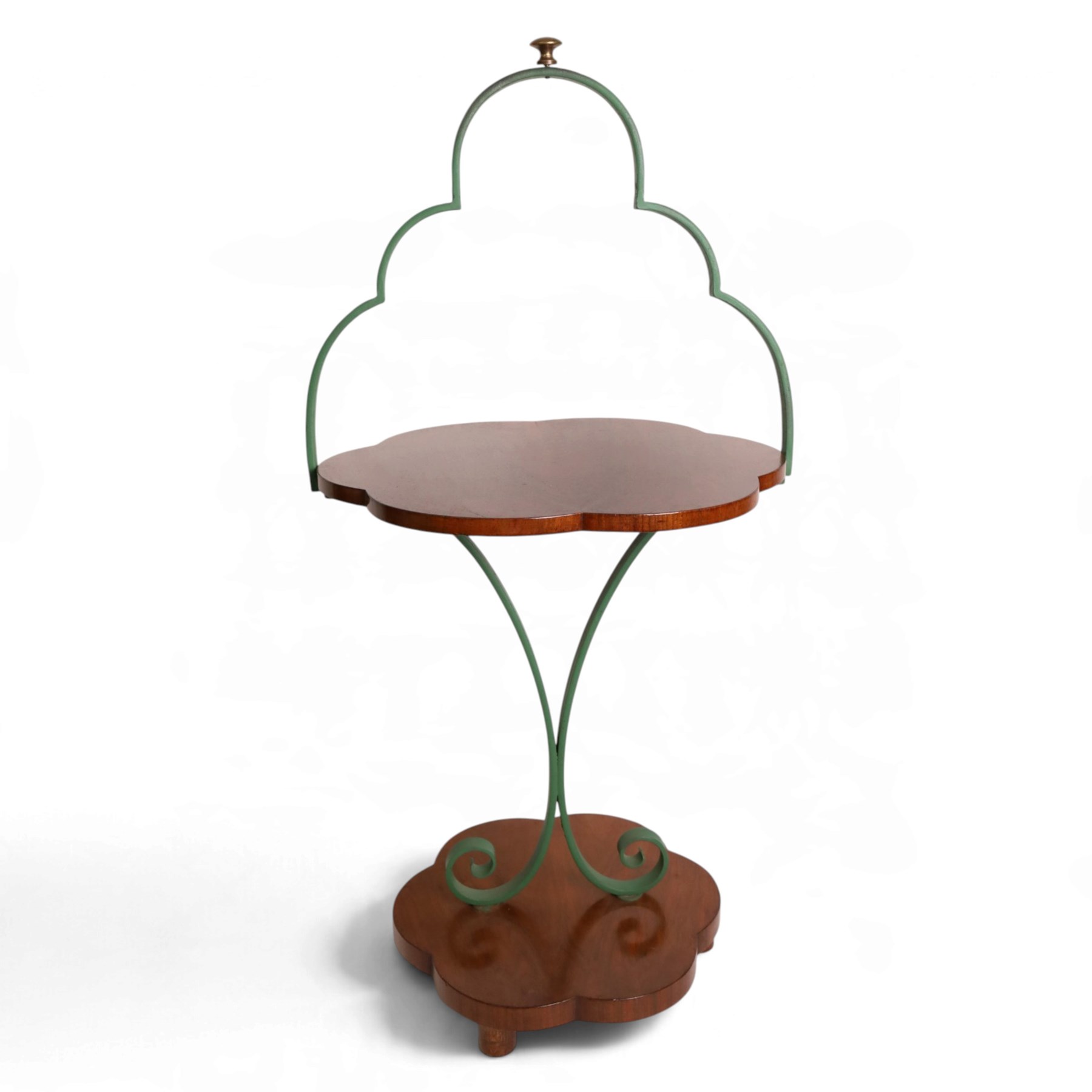 Art Deco stand, with scalloped wooden shelf, within green painted metal frame with scroll detail, upon a scalloped base, H75cm