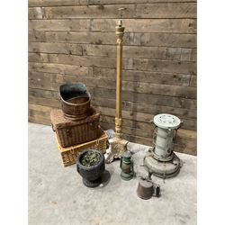 Aladdin paraffin lamp, lamp and burner, coal scuttle, painted standard lamp, stone mortar planter and two wicker baskets