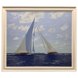 James Miller (British 1962-): J Class Yachts - 'Enterprise leads Shamrock V' - Sir Thomas Lipton's 5th and Final Challenge for the America's Cup 1930, oil on canvas signed, titled verso 81cm x 96.5cm