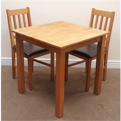  Solid oak square dining kitchen table (W75cm, H76cm, D75cm) and two matching dining chairs, upholstered seat (W45cm    